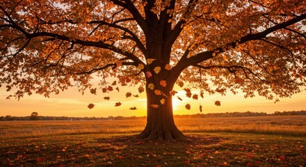 Naklejka premium Majestic autumn tree with vibrant orange leaves at sunset in a serene open field - condolence picture