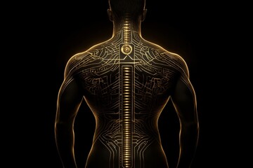 A digital illustration of a full-back biomechanical tattoo, merging human anatomy with futuristic elements