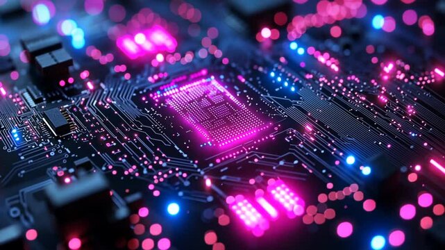 Close-up of glowing circuit board with CPU; technology background; possible use in tech articles or websites