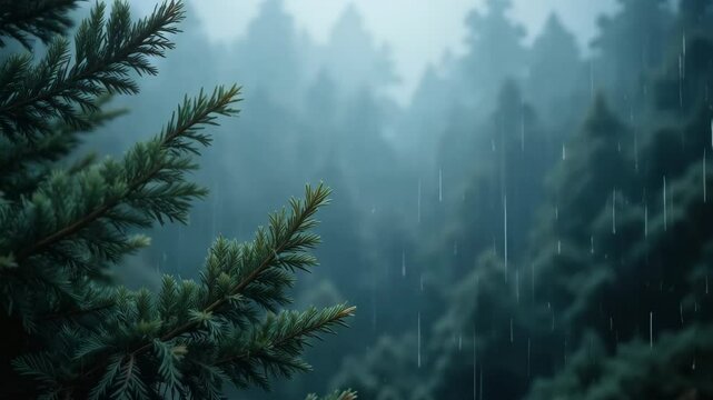 Rain falling on pine tree branches in a lush forest a moody atmospheric image of nature