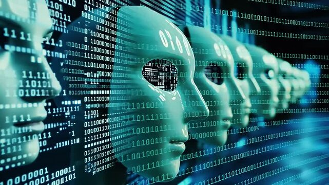 Futuristic digital representation of humanoid faces lined against a backdrop of binary code and data streams
