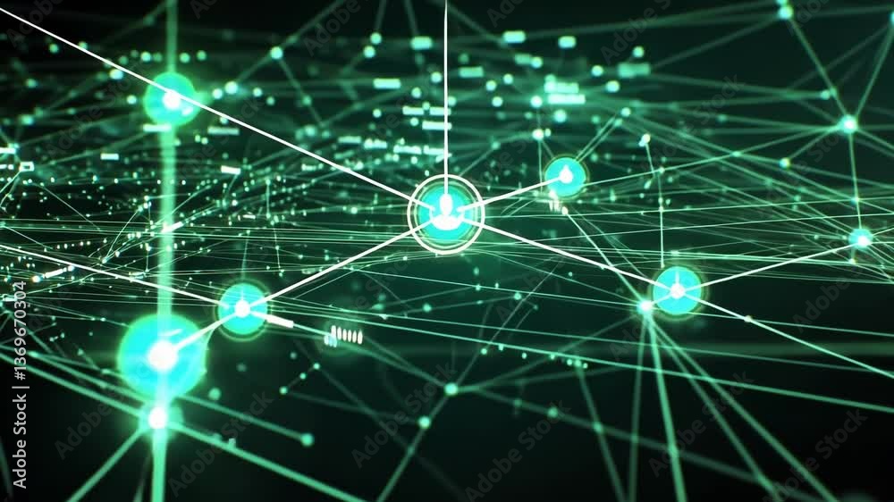 Poster glowing green lines and nodes forming a complex network representing global communication, data flow