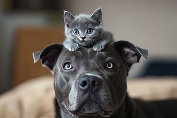 A grey kitten sits on top of a large grey dogs head
