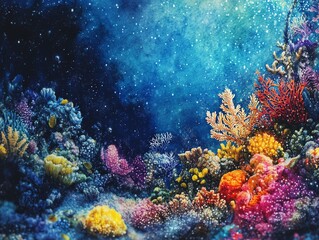 Fototapeta premium Vibrant coral reef teeming with life. Colorful corals, diverse marine flora and fauna in a stunning underwater scene. Perfect for ocean, nature, and marine life themes.
