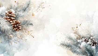 Winter art background featuring winter elements in a watercolor style with a white and beige color palette
