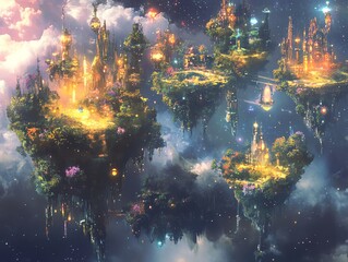 Obraz premium Magical floating islands with glowing castles and vibrant flora, set against a starry night sky. Fantasy artwork, perfect for dreamscape, fairytale, or magical themes.