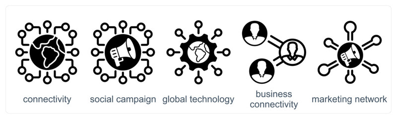 A set of 5 business icons as connectivity, social campaign, global technology