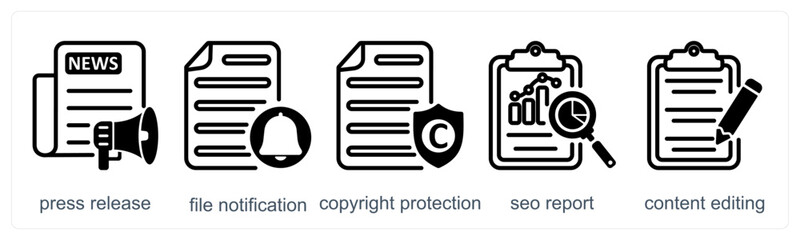 A set of 5 business icons as press release, file notification, copyright protection