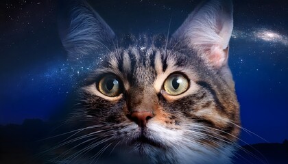 Double exposure effect of a cat’s face blended with a starry night sky.