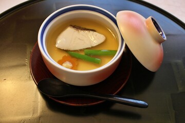 Japanese cuisine: chawanmushi (egg custard dish) with sea bream in Tokyo, Japan