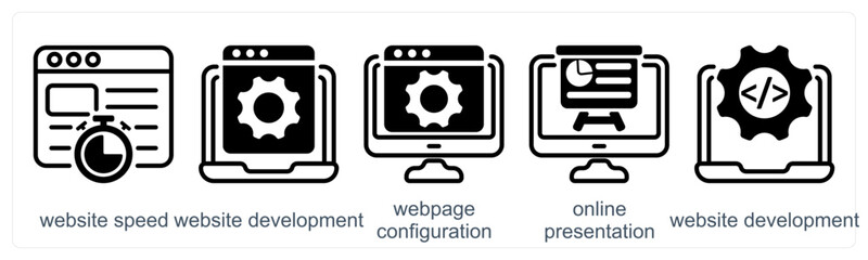 A set of 5 business icons as website speed, website development, webpage configuration