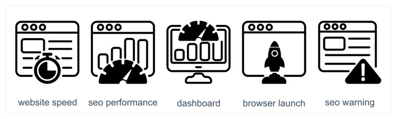A set of 5 business icons as website speed, seo performance, dashboard