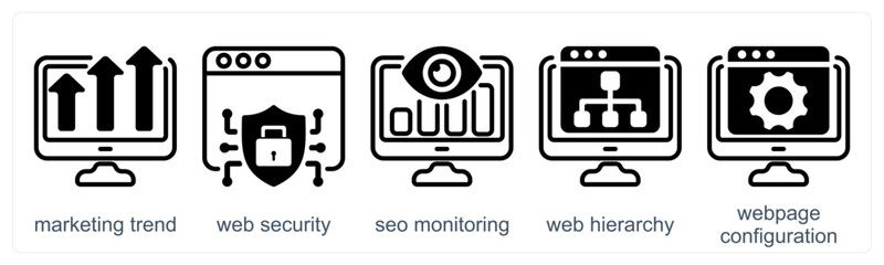 Obraz premium A set of 5 business icons as marketing trend, web security, seo monitoring