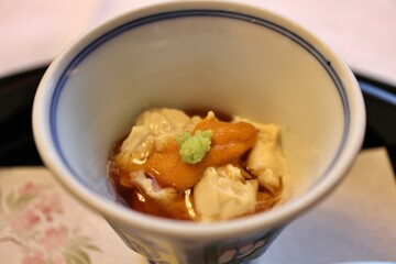 Japanese cuisine: raw yuba (tofu skin) and sea urchin in Tokyo, Japan