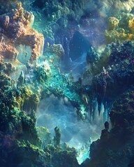 Fototapeta premium Surreal underwater landscape. Vibrant coral reefs, mystical caves, and ethereal fog create a fantasy world. Ideal for fantasy art, game design, and imaginative projects.