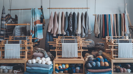 Knitting supplies colorful yarns and finished garments Handmade textile crafts