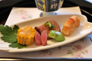 Japanese cuisine: appetizer platter (roast beef, shrimp, etc.) in Tokyo, Japan