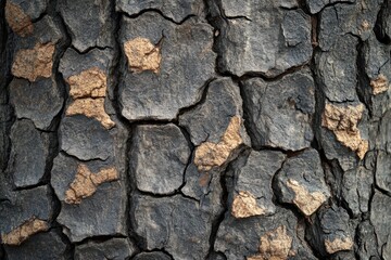 Obraz premium Rough, dark tree bark displays cracked patterns with golden brown showing through. Use this texture for backgrounds, nature-themed designs, or organic templates.