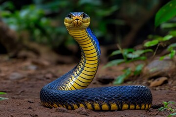 Fototapeta premium A king cobra rising up in a defensive posture, its hood fully expanded