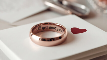 Rose gold wedding band with Will you marry me? engraved on the inside resting on a white surface with a heart graphic