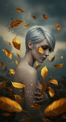 Golden Autumn Melancholy: A Woman Surrounded by Falling Leaves