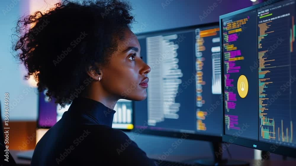 Poster young female software engineer concentrating and analyzing code displayed on multiple computer scree