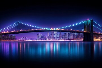 A majestic view of the Brooklyn Bridge at night, glowing with city lights as traffic moves below