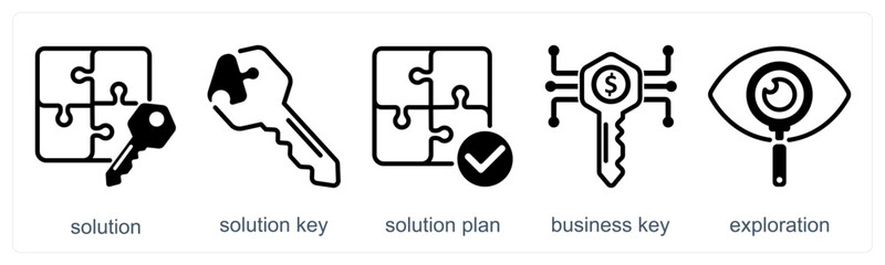 A set of 5 business icons as solution, solution key, solution plan