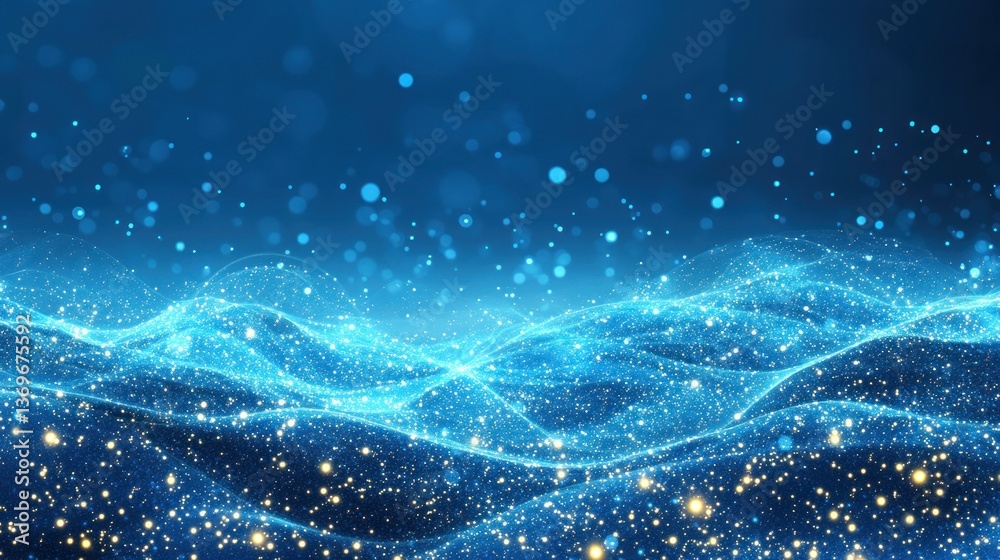 Poster abstract blue glittering waves background sparkling particles digital art design