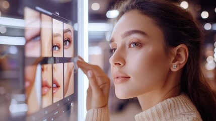 A shopper using a virtual try-on feature to test different makeup shades. --ar 16:9 --v 6.1 Job ID: 8cbb6128-870f-4711-b9ad-c589f61172d8