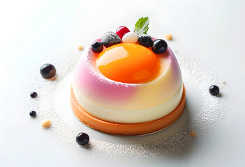 Exquisite Dessert: A tantalizing close-up of a meticulously crafted dessert, showcasing vibrant colors, intricate textures, and fresh berries, inviting a sensory experience of taste and beauty.