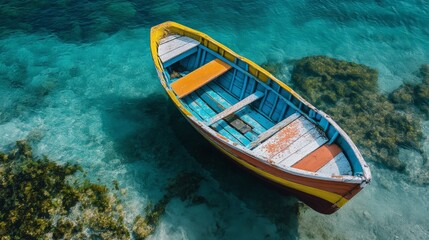 Obraz premium Colorful wooden rowboat floating on clear turquoise water with seaweed