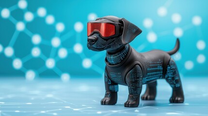 A futuristic dog wearing 3D glasses stands against a digital backdrop.