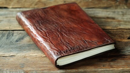 Closed leather journal on aged wooden table, close up. Good for creative writing, memoirs, or personal reflections.