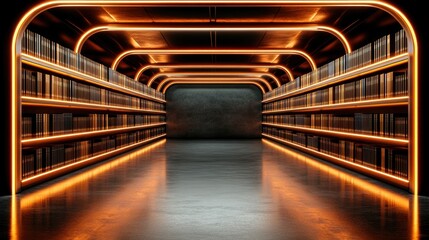 Obraz premium Modern Library Interior with Neon Orange Lighting and Bookshelves A Futuristic Reading Room Design