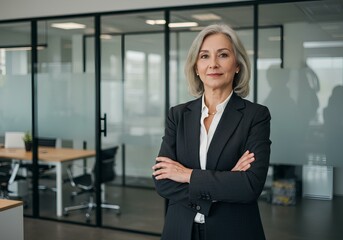 A elegant senior executive woman with grey hair standing with authority in a contemporary office space