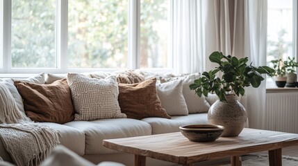Fototapeta premium Cozy living room with beige sofa, earth-toned cushions, and indoor plants by sunlit window