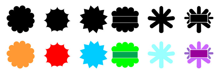 Zig zag wavy shape frames. Vector rectangular and round abstract clouds, flowers and text boxes. Scallop edge kids geometric stamps. Flat jagged oval shapes set. Groovy kids graphic wiggly backgrounds