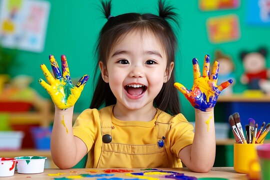 A little girl with her hands painted in bright colors