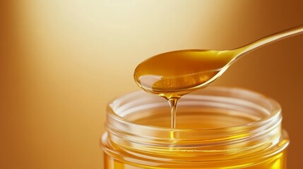Close-up of golden honey dripping from a spoon into a glass jar