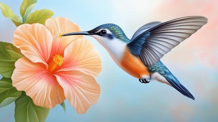 Closeup of a Hummingbird Hovering and Drinking Nectar from a Flower, Vibrant and Delicate