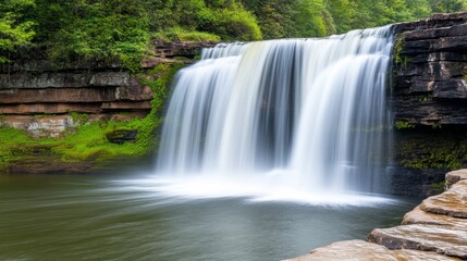 Obraz premium Closeup of a peaceful and mesmerizing waterfall cascading down mossy rocks in slow motion