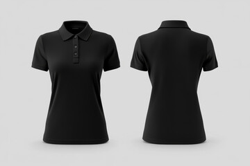 Women black polo shirt front and back view, Isolated blank front and back polo t-shirt for graphic design mock up