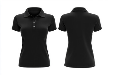 Women black polo shirt front and back view, Isolated blank front and back polo t-shirt for graphic design mock up