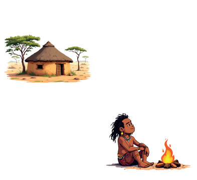 Young african tribesman sitting by the fire near a hut in the savannah