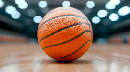 Obraz premium Closeup of Wet Orange Basketball on Wooden Court Floor in Brightly Lit Arena