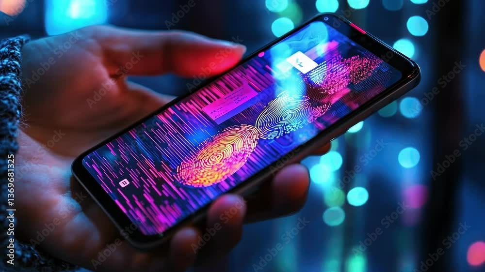 Poster hand holding mobile phone with fingerprint displayed on screen, representing cyber security and data