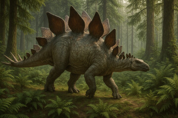 Stegosaurus walking through misty jurassic forest