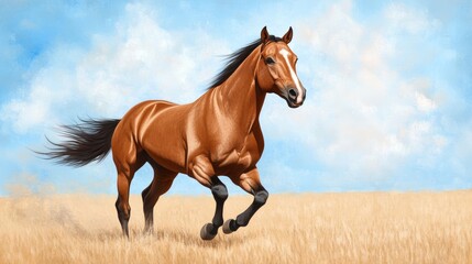 Obraz premium Horse Galloping Through Open Field, Mane Flowing in Wind, Dynamic and Powerful