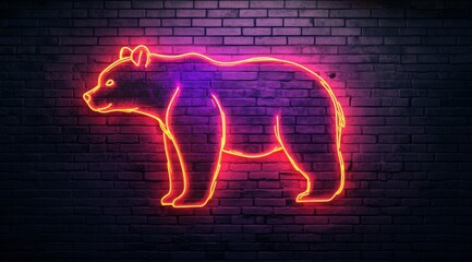 A full-length bear is drawn with a glowing neon line against a brick wall background. A glowing neon sign forms a contour drawing of a full-length bear against a dark grunge-style brick wall.	